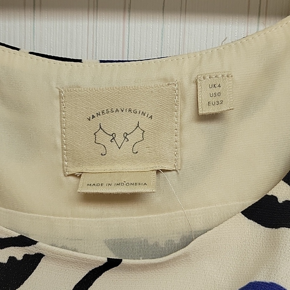 Vanessa Virginia Anthropologie women's sleeveless cream black blue dress sz 0 - Picture 3 of 6